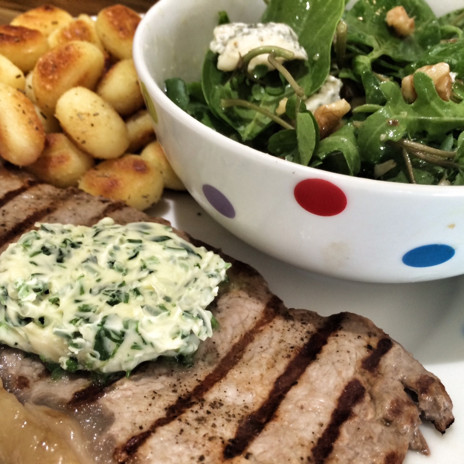 Steak with gnocchi and herb butter